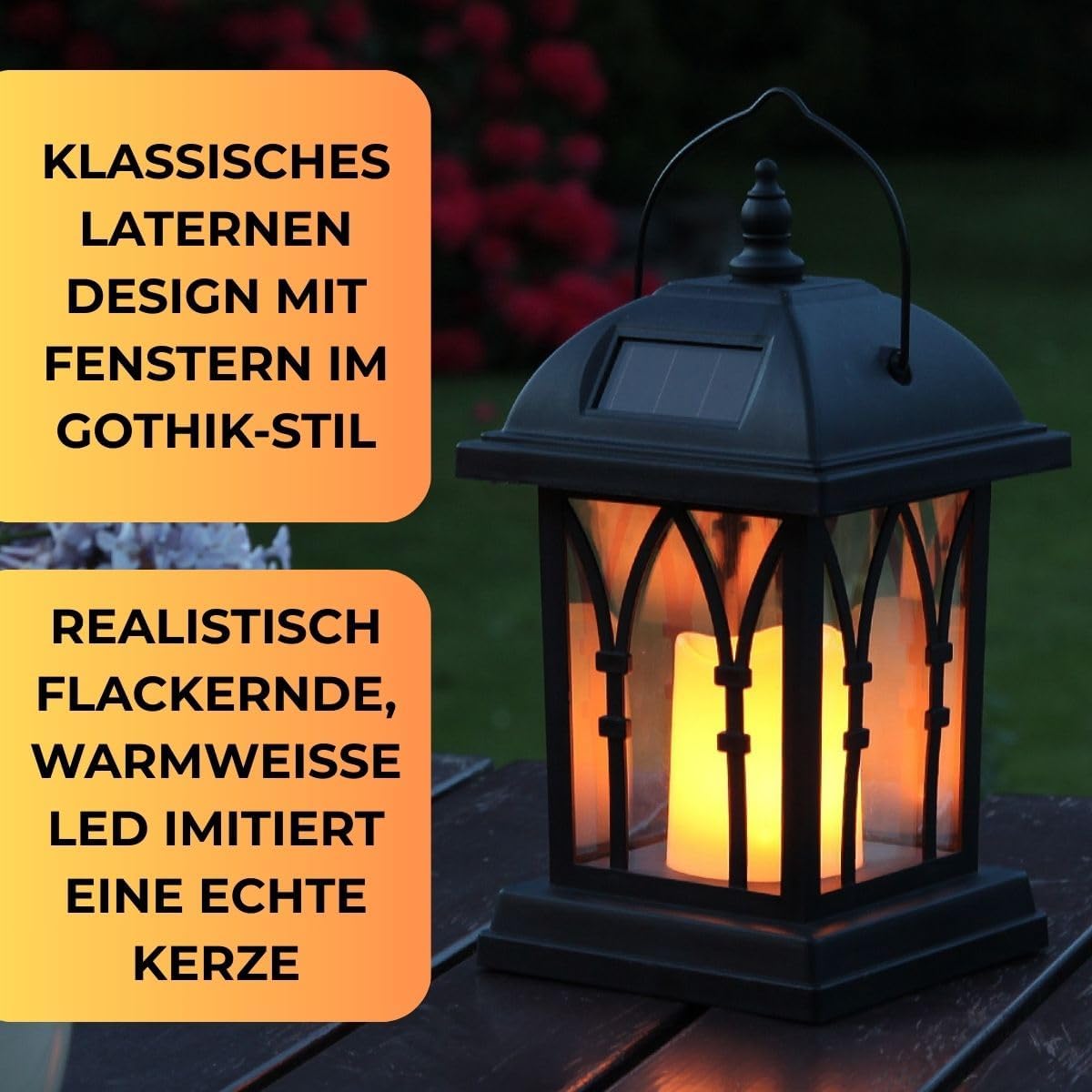 Solar-Gartenlaterne mit LED Flacker-Effekt, 27 cm
