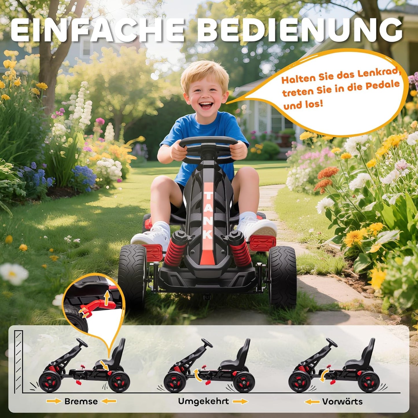 Gokart Tretauto mit Handbremse, Rot