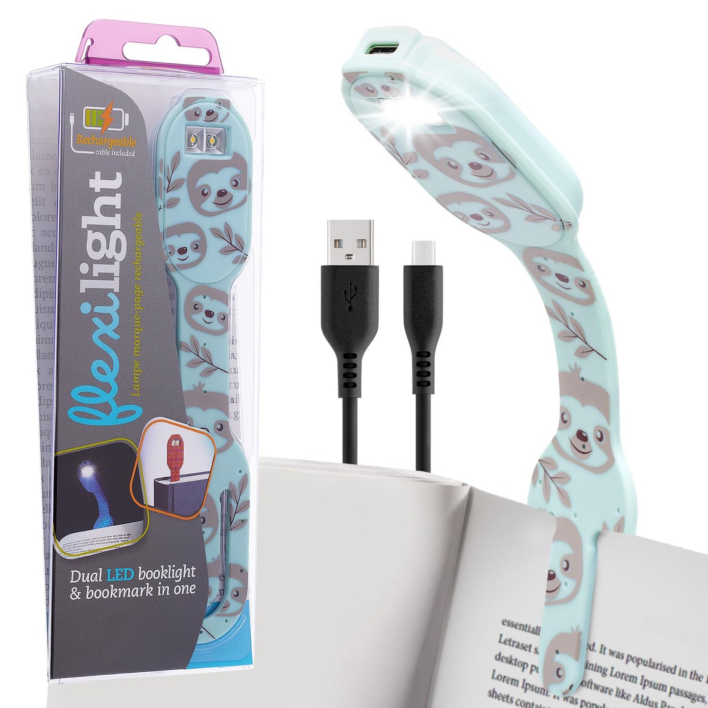 Flexilight 2-in-1 Clip On Leselampe & Lesezeichen, wiederaufladbar, Faultier