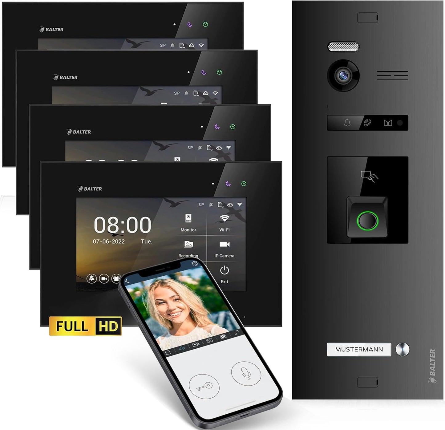 EVO-HD Video Türsprechanlage mit Fingerprint & App-Steuerung für Einfamilienhäuser, 4 Monitore, Mit App C. Schwarz/Schwarz