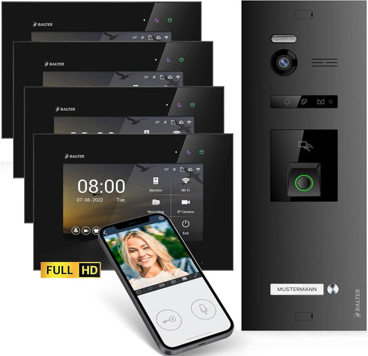 EVO-HD Video Türsprechanlage mit Fingerprint & App-Steuerung für Einfamilienhäuser, 4 Monitore, Mit App C. Schwarz/Schwarz