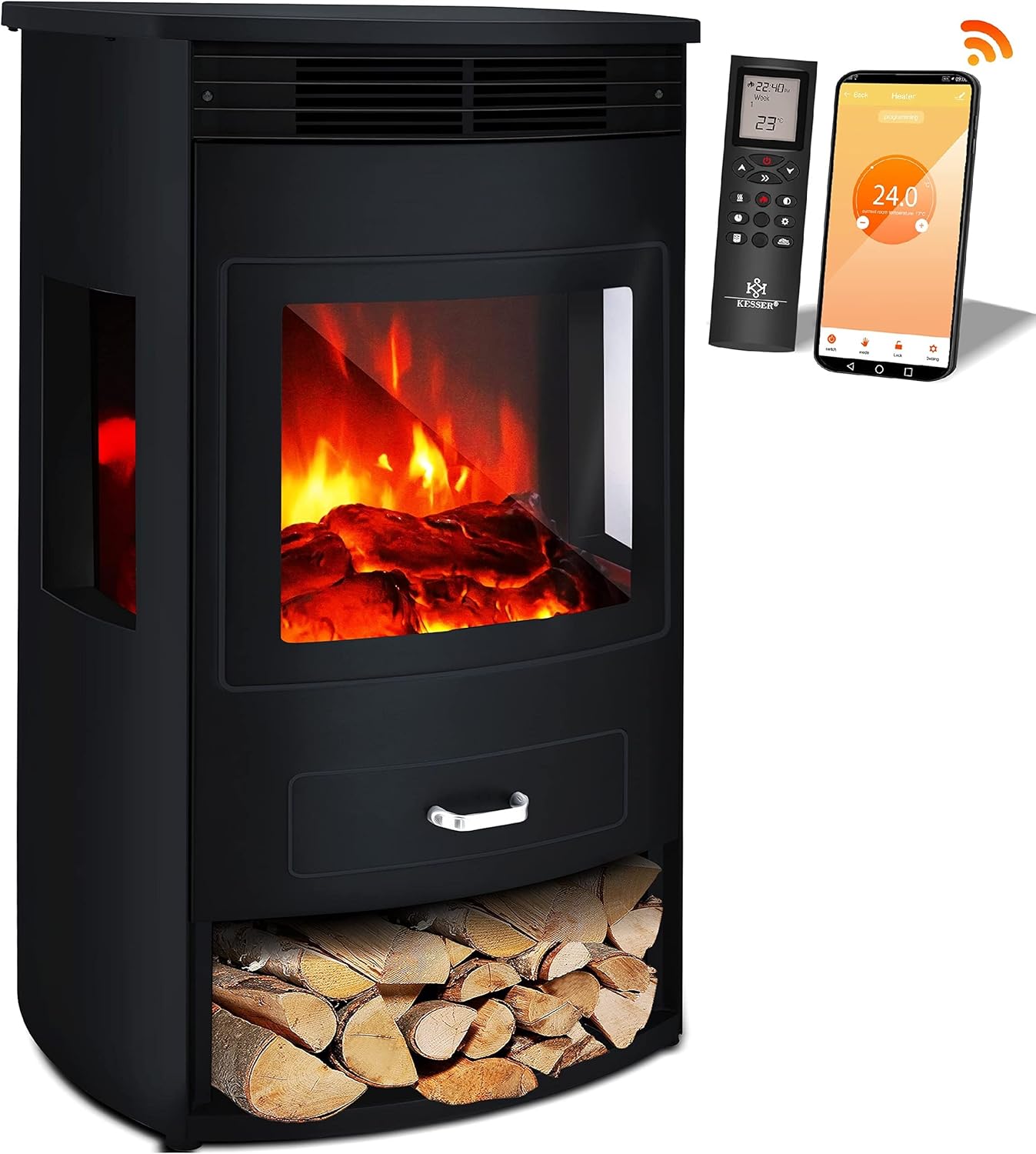 Elektrokamin Prio mit LED-Flammeneffekt und Heizlüfter, Xtra-Large Schwarz