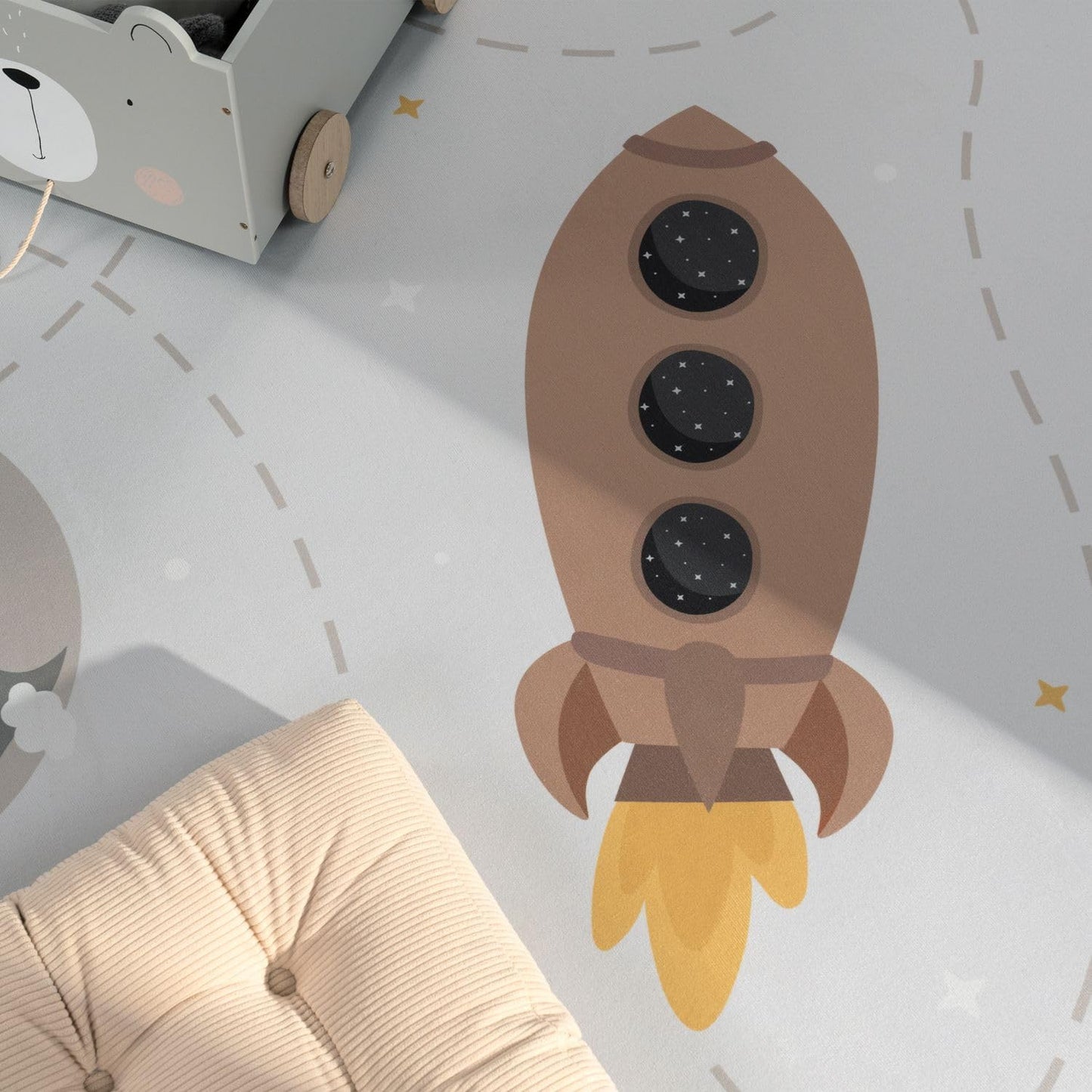 Rutschfester Kinderteppich mit Planeten Sterne Raketen, 80 x 150 cm Beige Braun Gelb