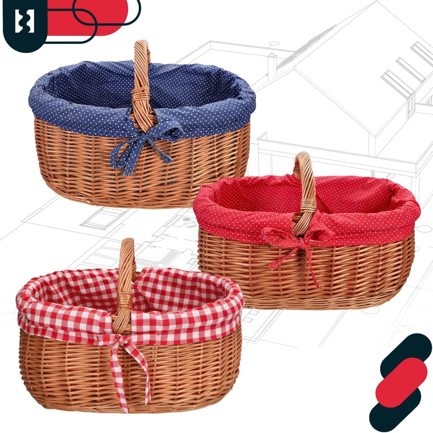 Grosser Weidenkorb mit Henkel und Stoffeinlage, Rot
