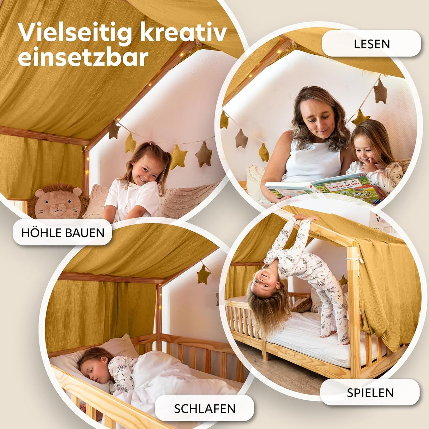 Betthimmel für Kinderhausbett, Senfgelb mit Gold 135 x 420cm