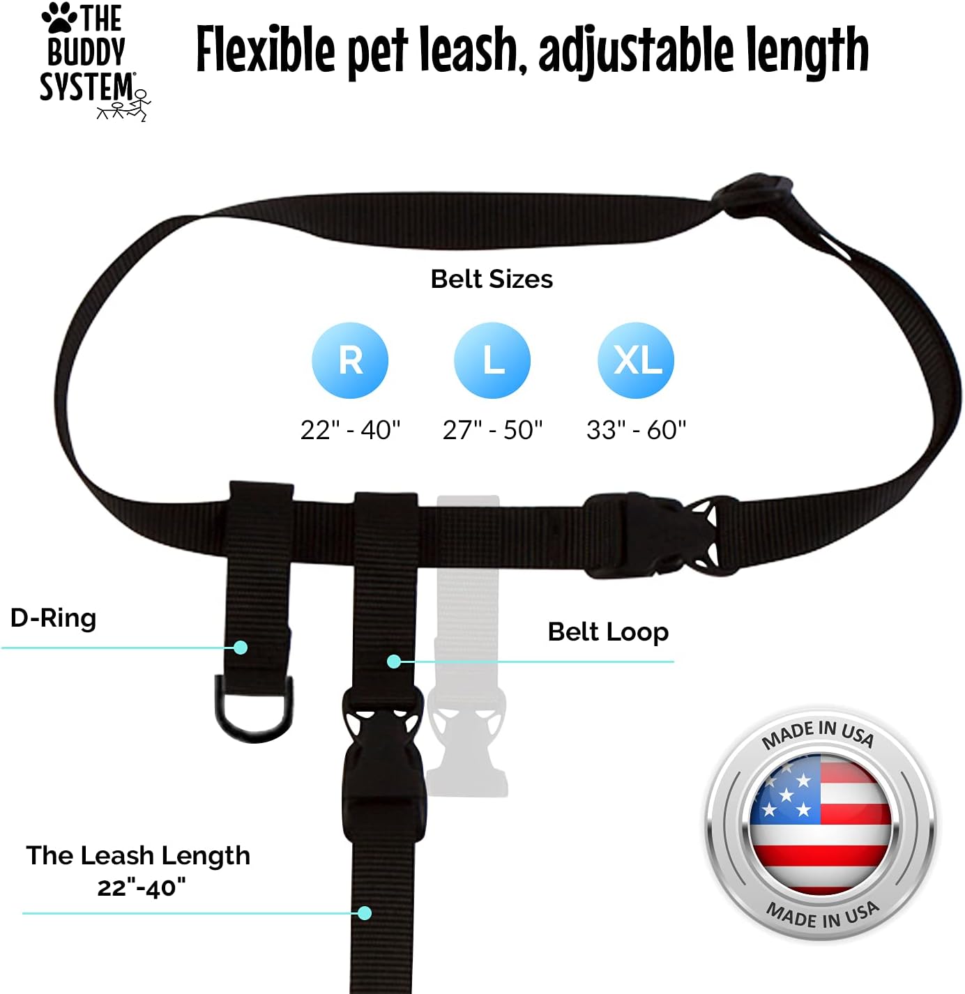 Verstellbare Freihandleine, Regular Belt (22"- 40" Waist) schwarz