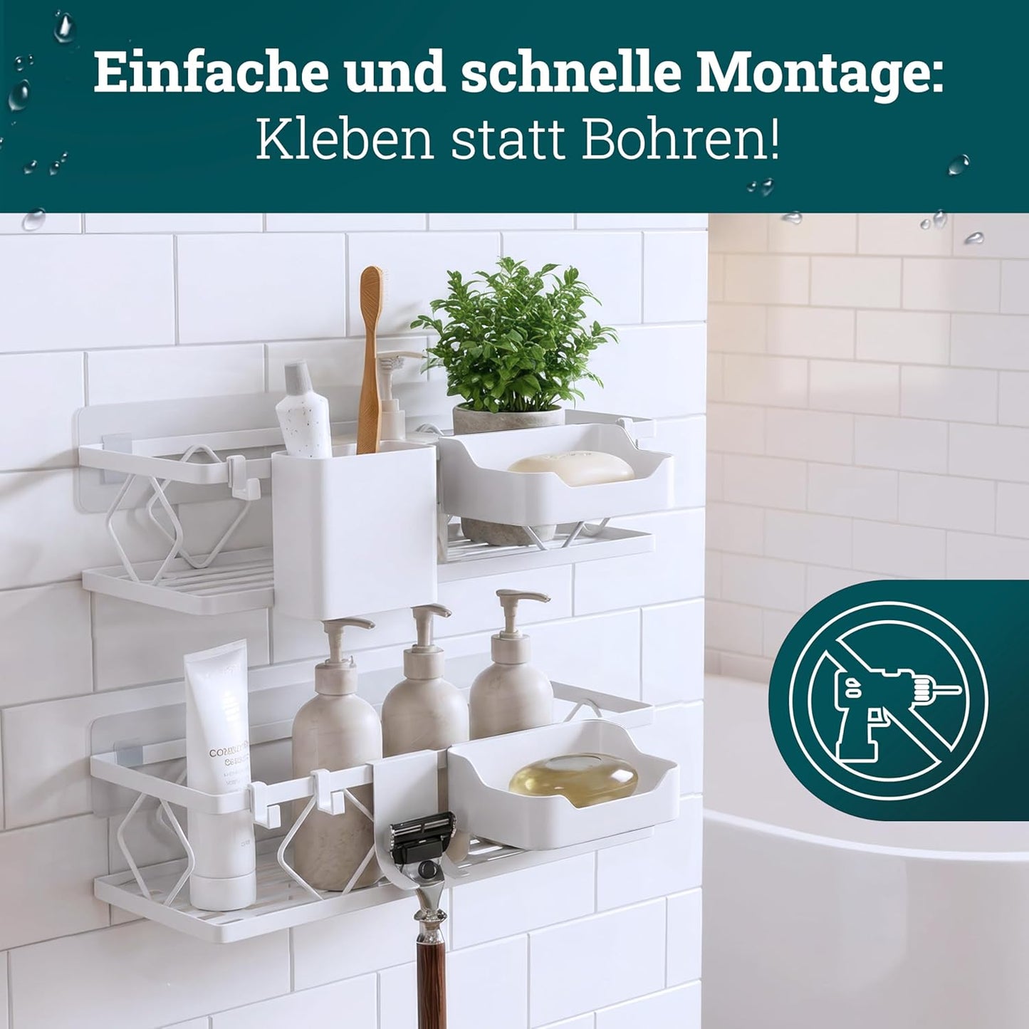 10-teiliges Duschablage-Set ohne Bohren, Set | Weiss