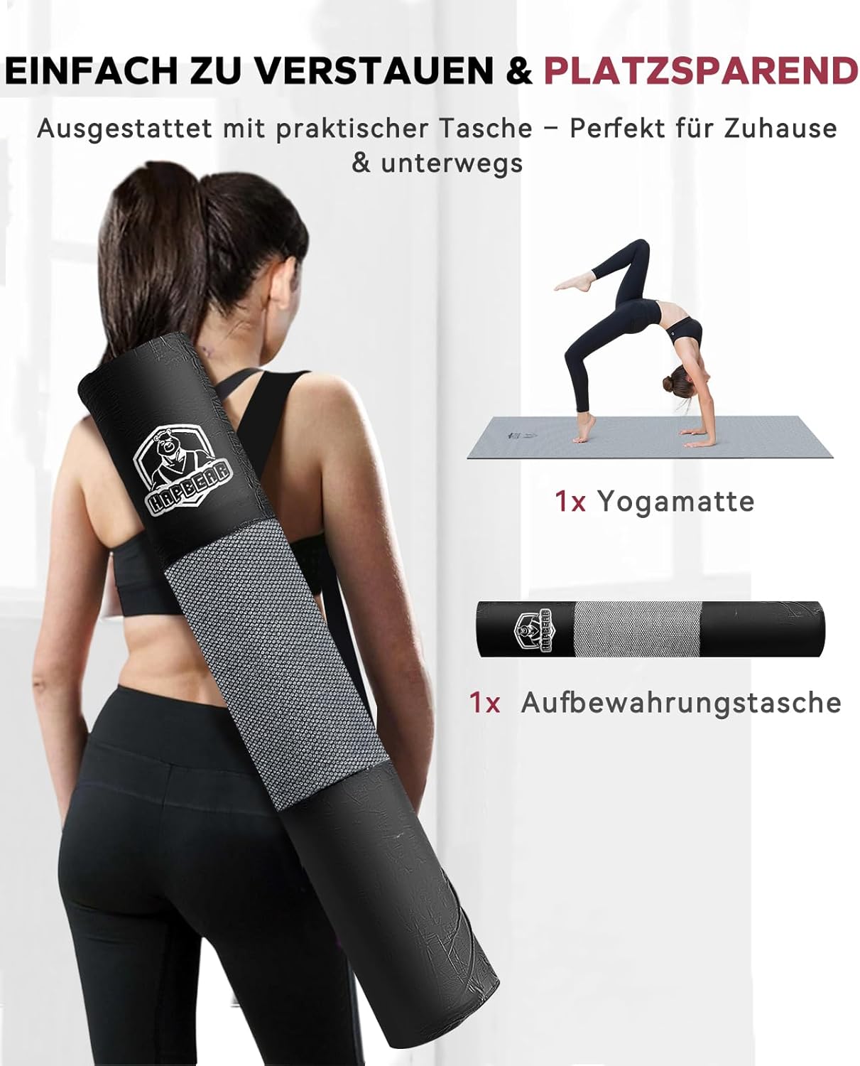 Extra grosse Yogamatte mit Zubehör (183x91x0,6 cm), U-PVC-Grau/Schwarz-183cmx91cmx6mm