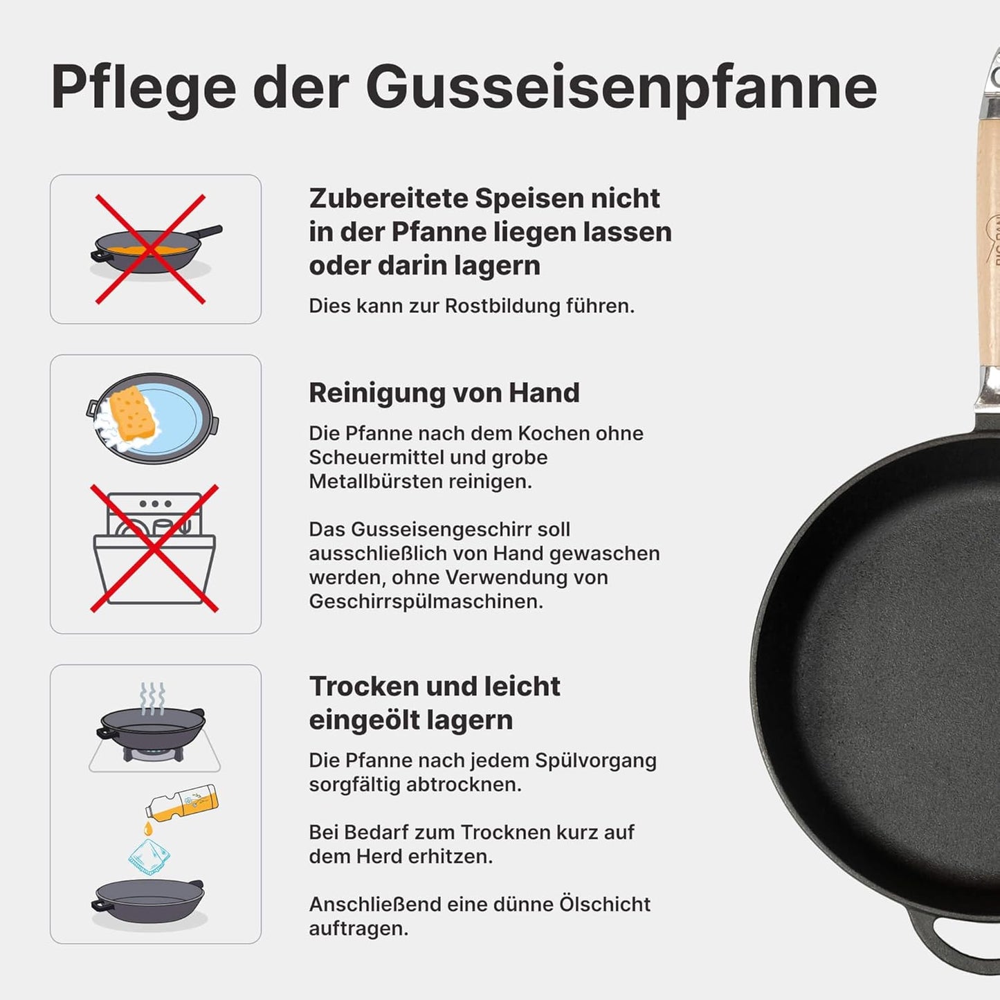 Gusseisenpfanne mit Glasdeckel und Holzgriff, 28 cm Mit Deckel