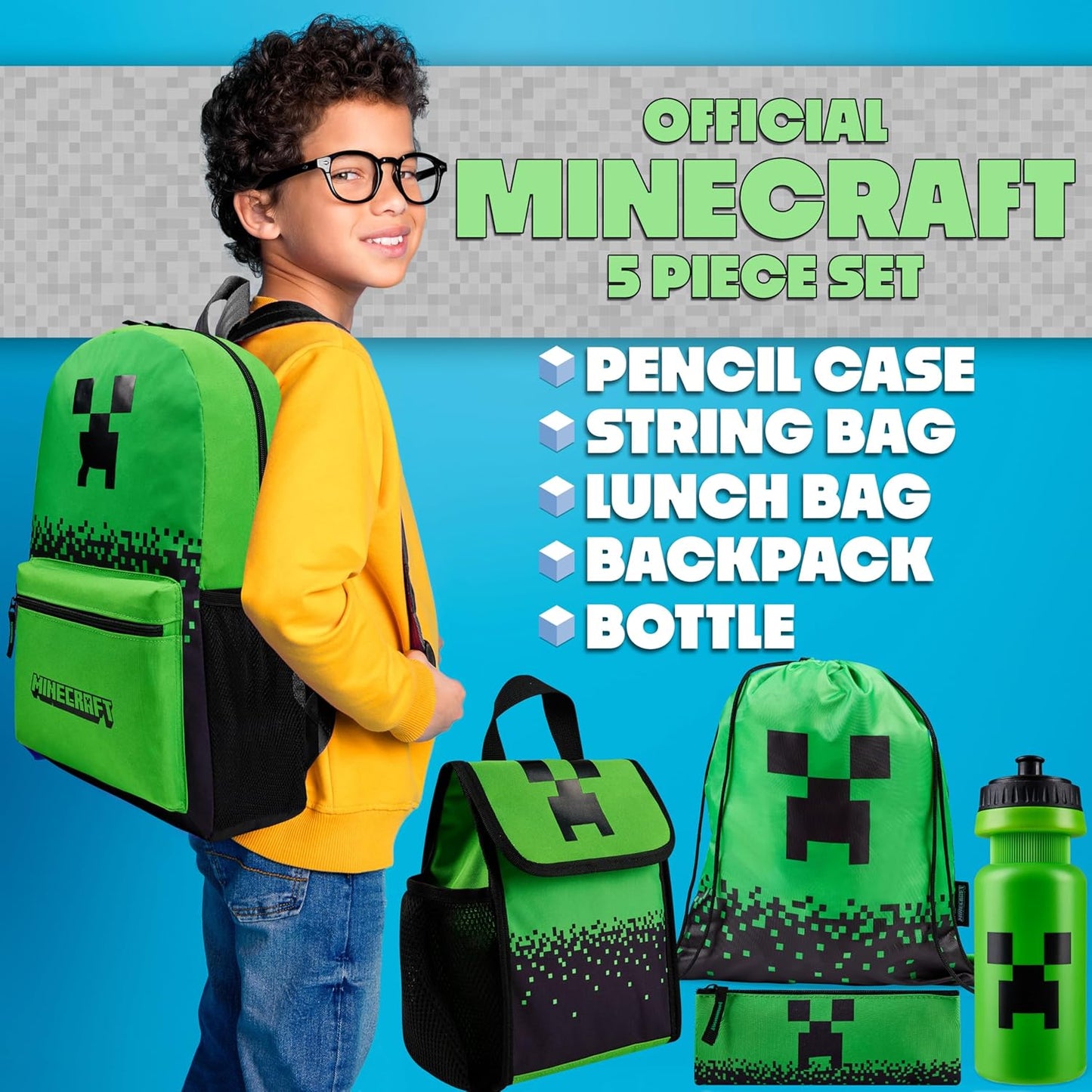 Minecraft Schulrucksack-Set, Grün Rucksack-Set 5-teilig