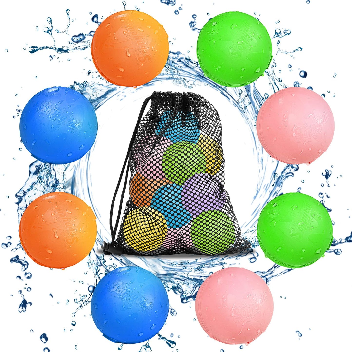 8x wiederverwendbare Wasserbomben, Blau, Grün, Rosa, Gelb, Mehrfarbig