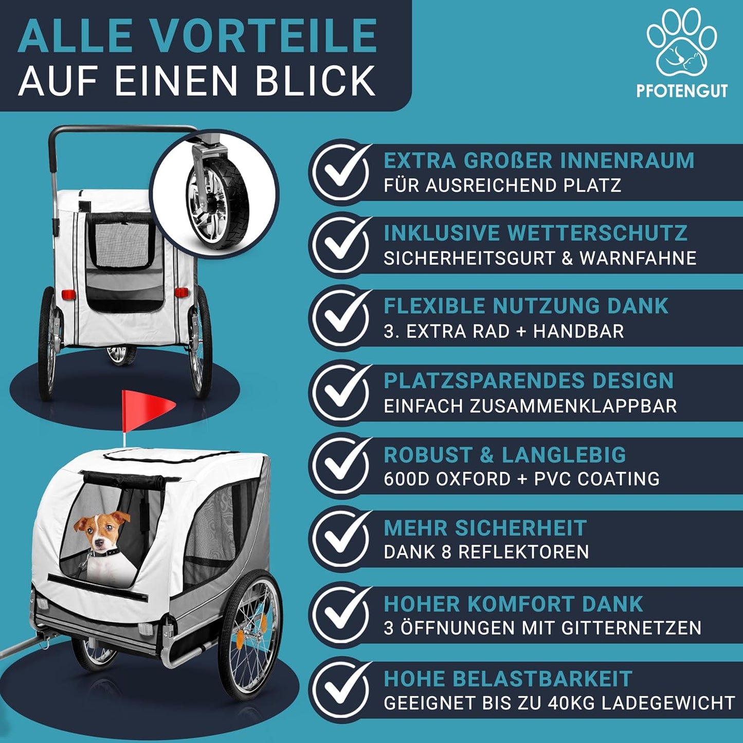 2-in-1 Hundeanhänger & Hundebuggy mit Sicherheitsgurt, Reflektoren, Regenschutz & Warnfahne