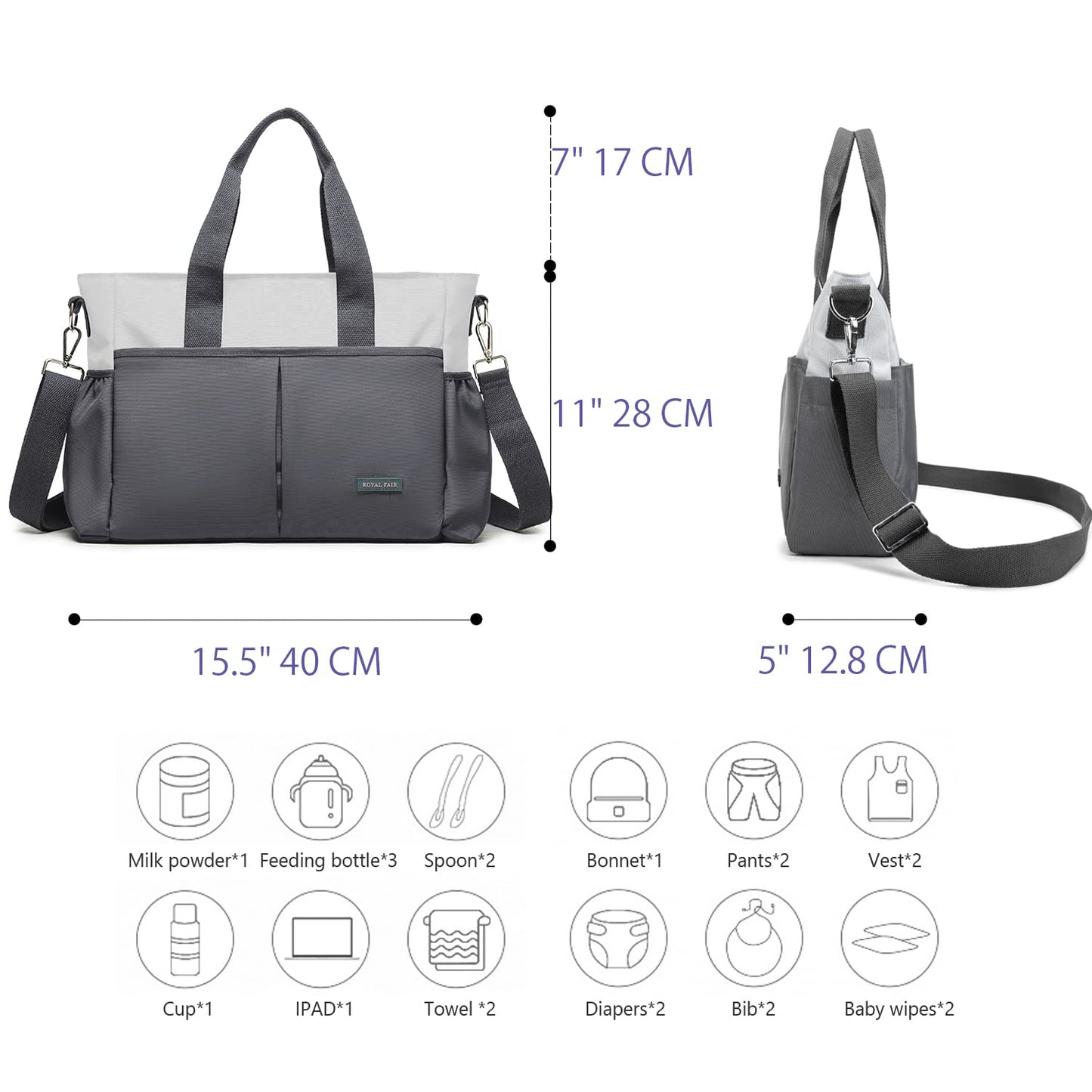Wickeltasche mit Isoliertasche, 40 x 28 x 12.8 CM Grau