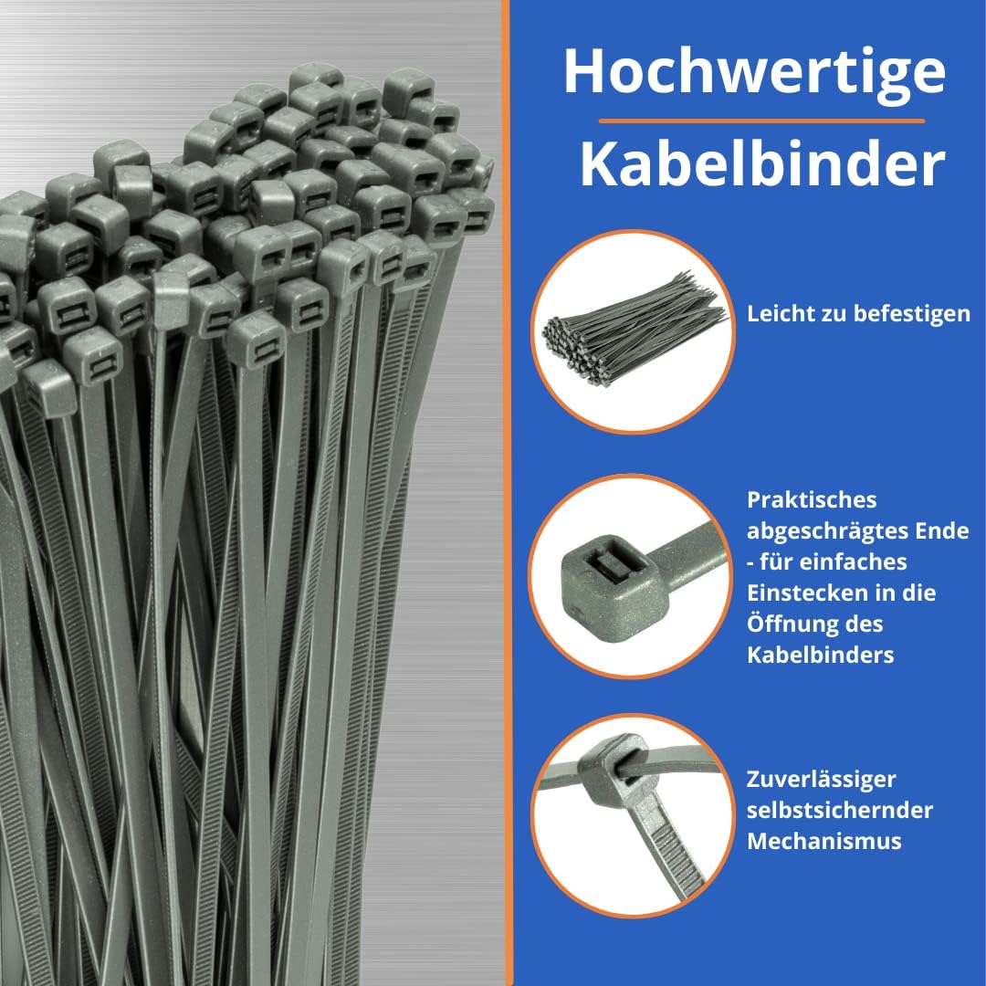100 x Kabelbinder mit UV-Beständigkeit, 450 mm x 9,0 mm / Silber