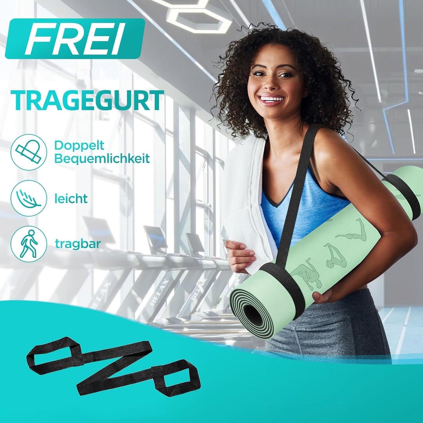 TPE Yoga- und Fitnessmatte mit Ausrichtungslinien, tiefgrün und schwarz 183x61x0.6cm