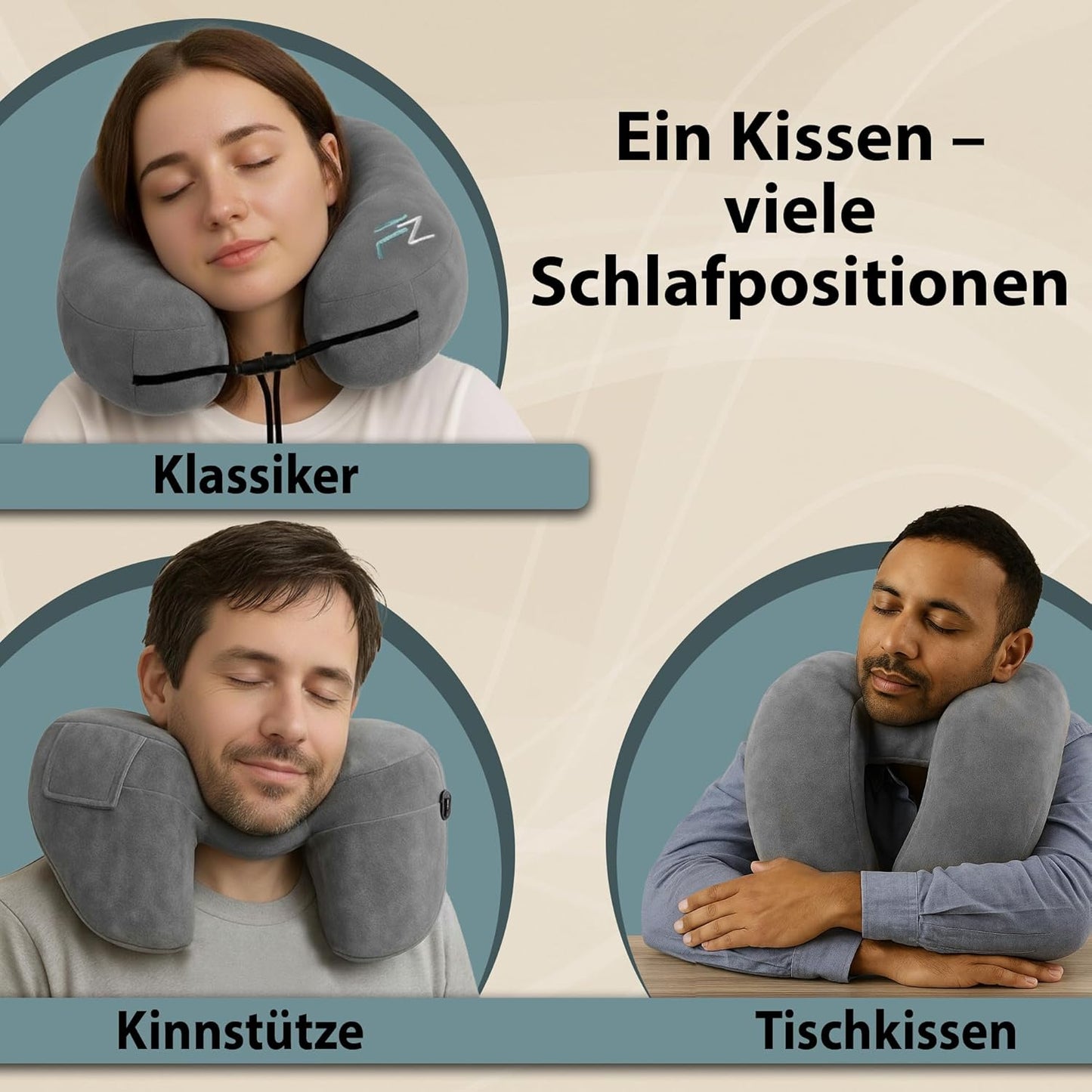 Aufblasbares Nackenkissen mit Kapuze, 1) Grau - Grösse L