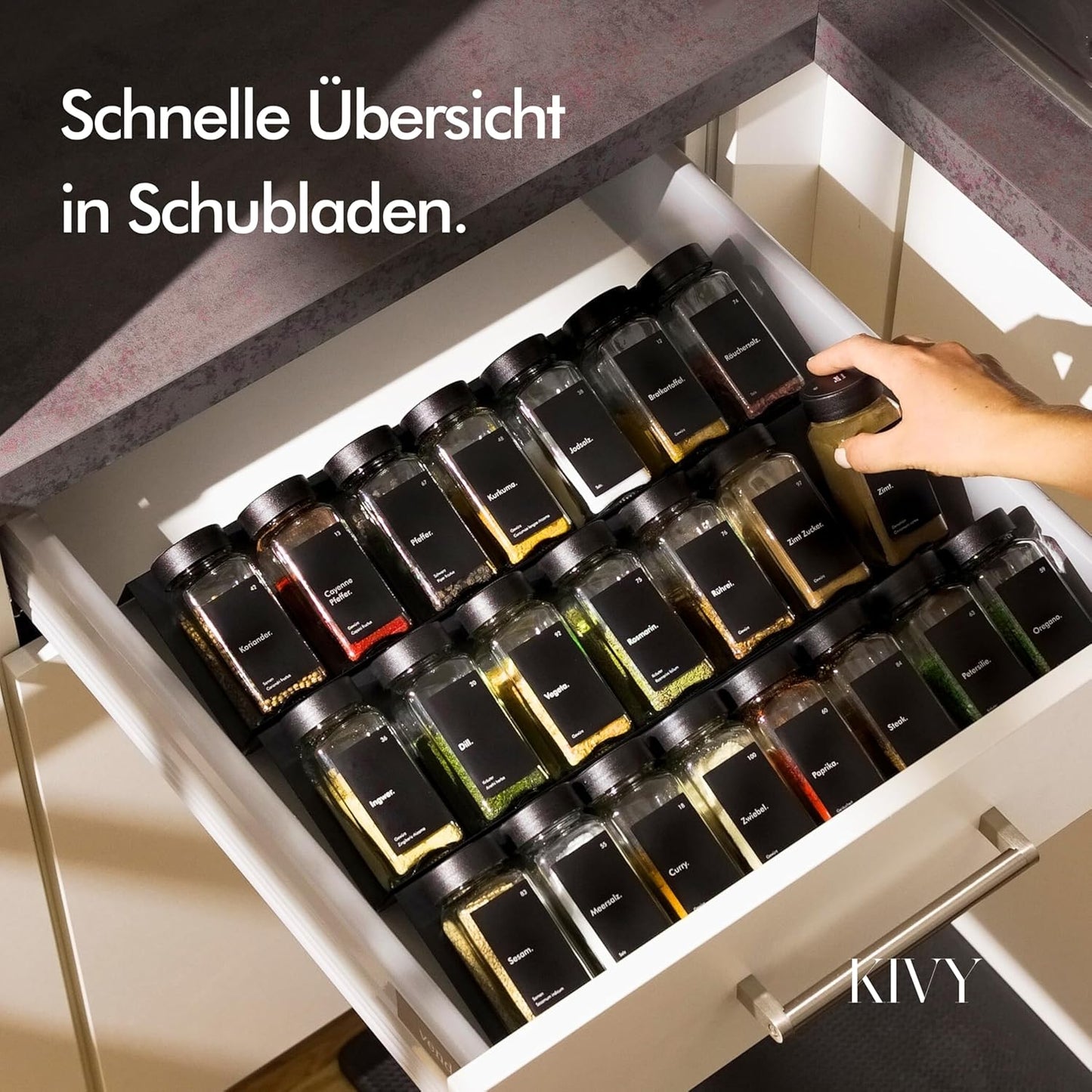 Gewürzregal mit 24 Gläsern und Etiketten, Schwarzer Deckel (Gläser + Regal)