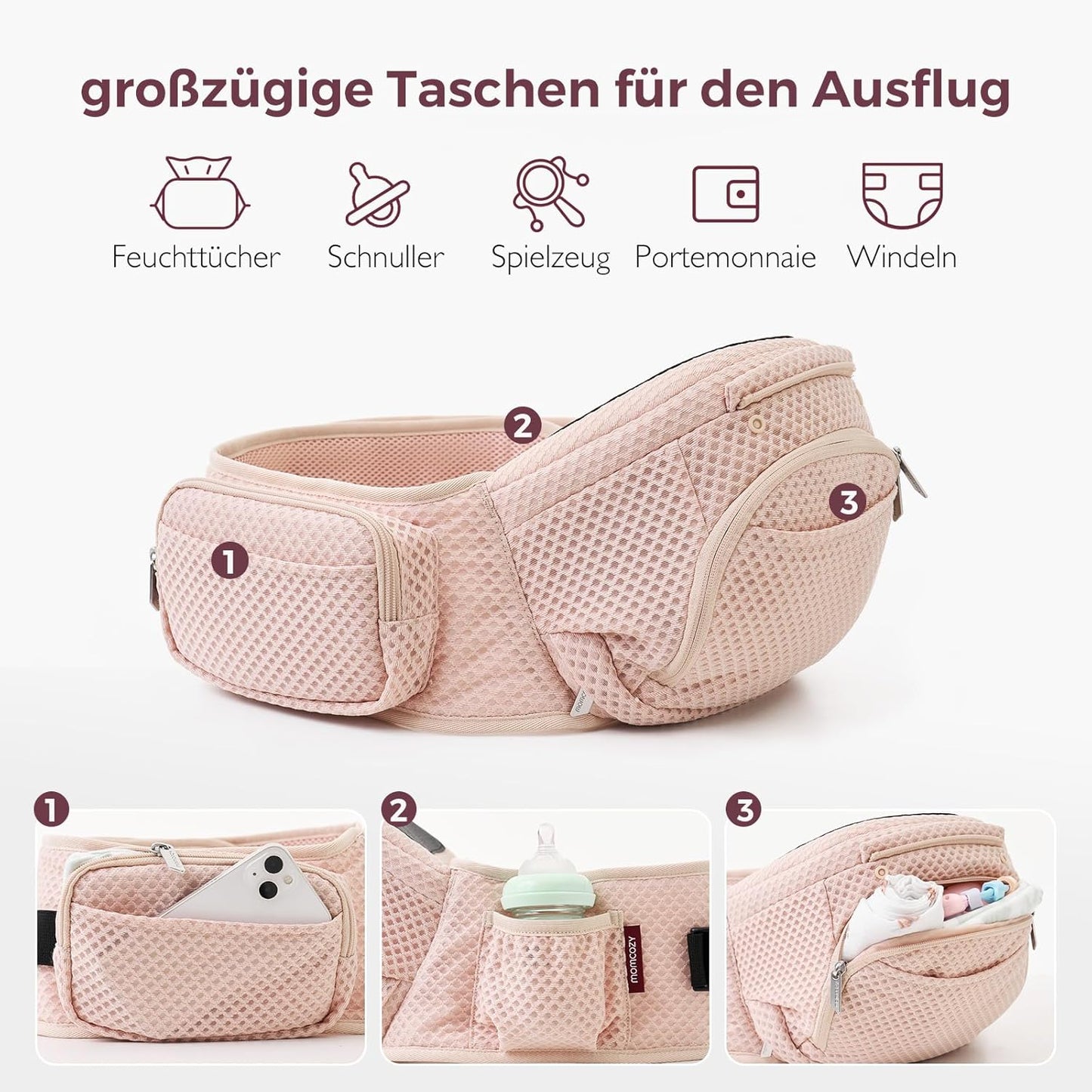 2-in-1 Verstellbare Babytrage mit Hüftkissen, Rosa