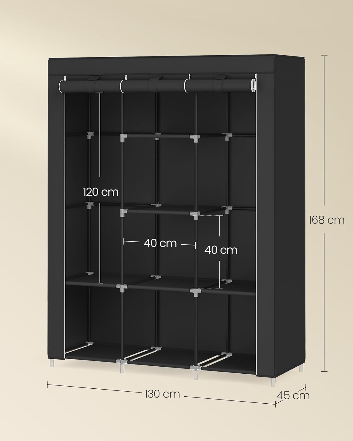 Kleiderschrank mit Vliesstoffbezug, Schwarz 130x46x168cm