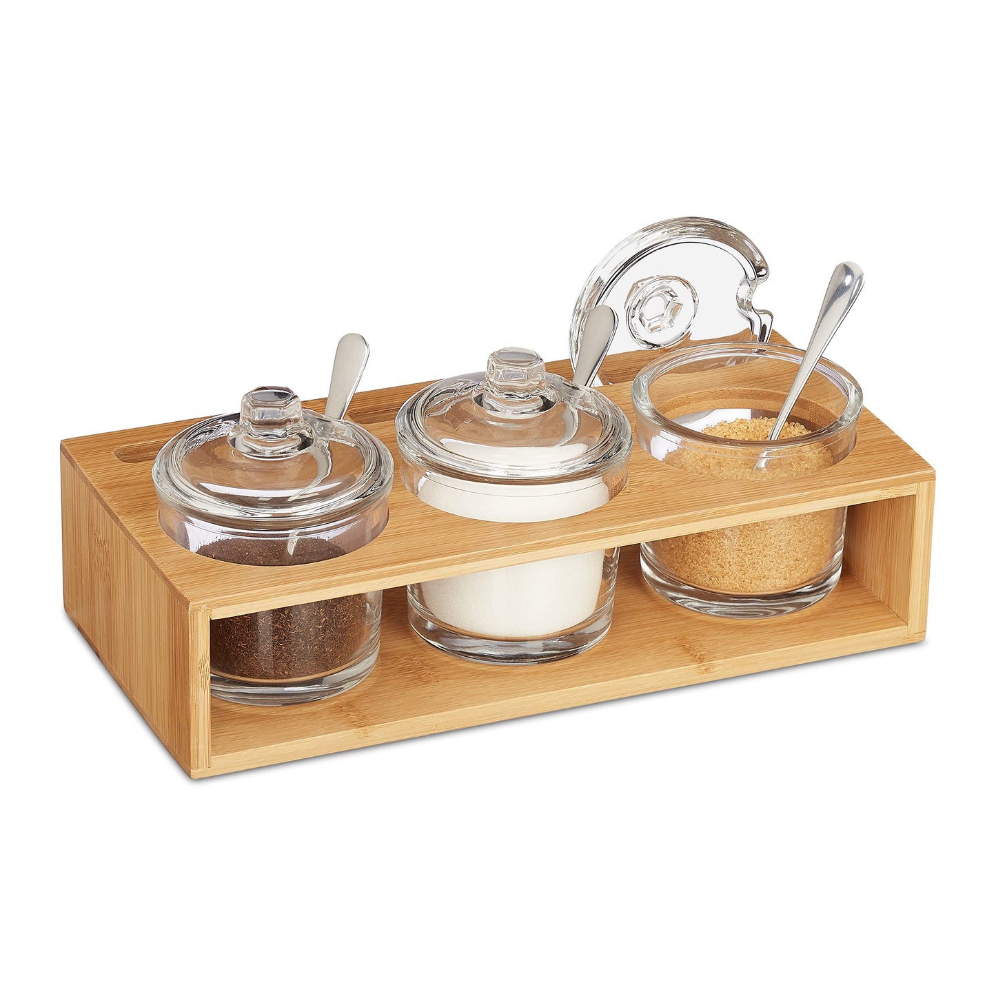 Gewürzgläser Set mit Bambushalter und Löffeln (3-teilig)