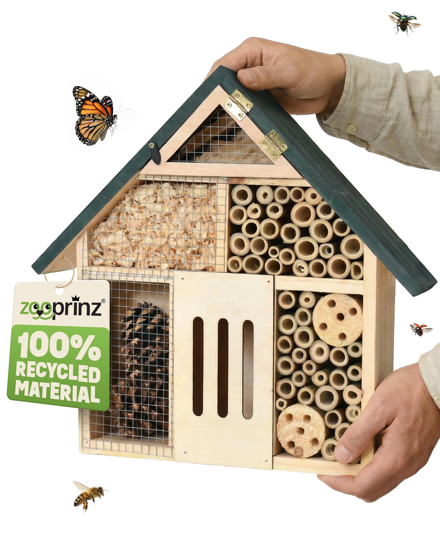 Insektenhotel XXL mit Bambus-Röhrchen (28,5 cm), Kompaktes Insektenhotel – Grünes Dach (28,5 cm)