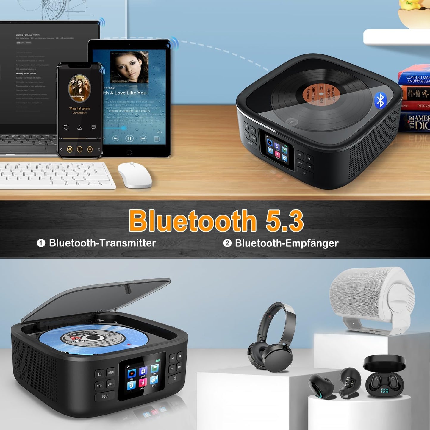 Tragbarer CD-Player mit Bluetooth, CD-HC030-Schwarz