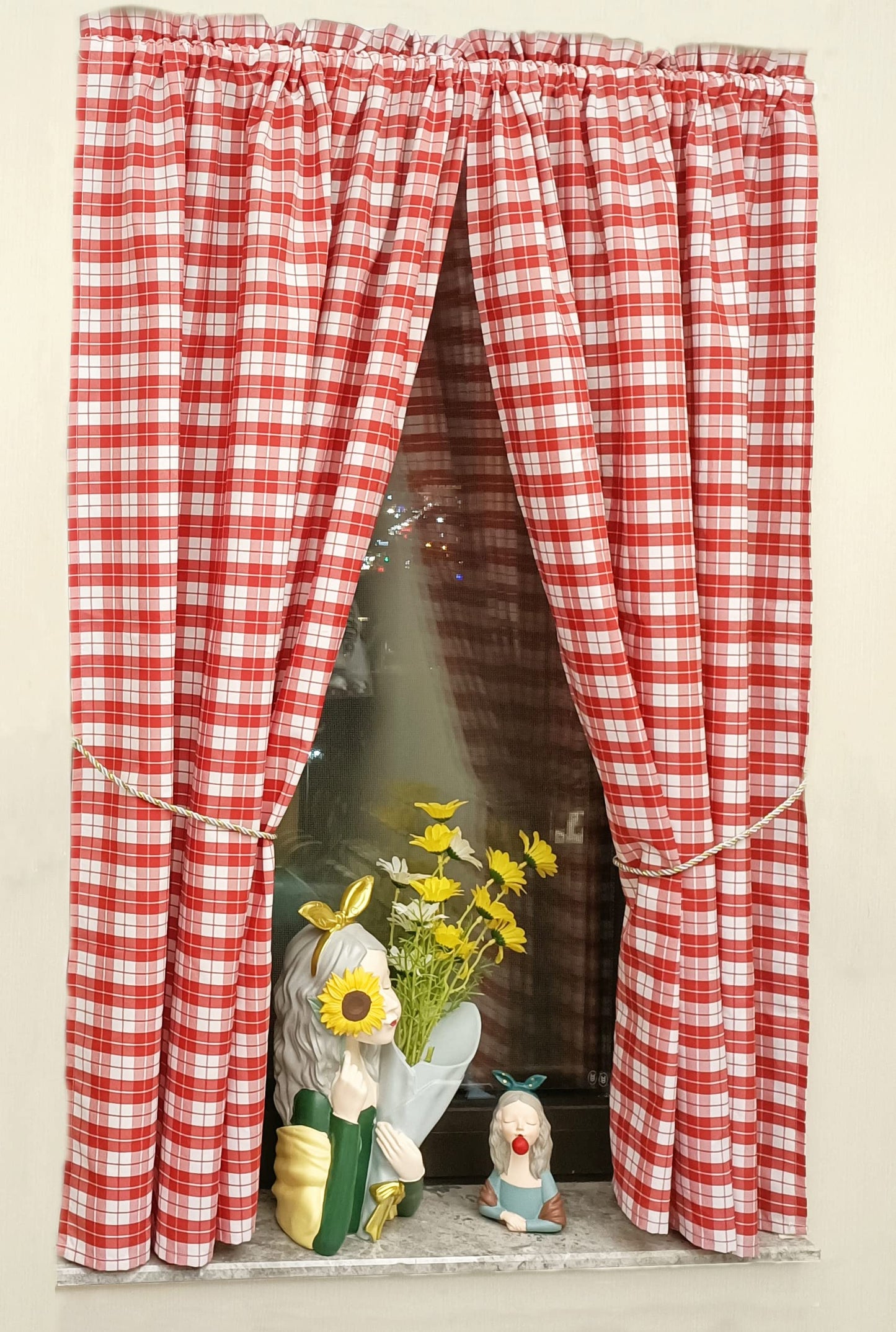 Blickdichter Vorhänge mit Karo-Muster Landhaus Gardinen, Tunnelzug&kräuselband Rot H140 x B80 cm (2er Pack)