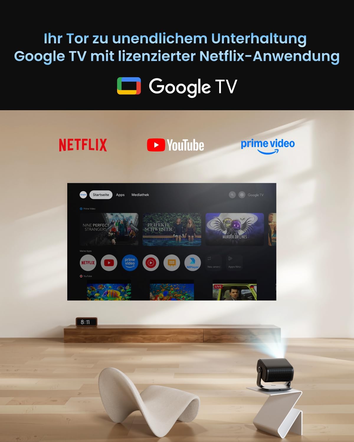 MP1 MAX 4K Heimkino-Beamer mit Google TV und HDR10+, Heimkino