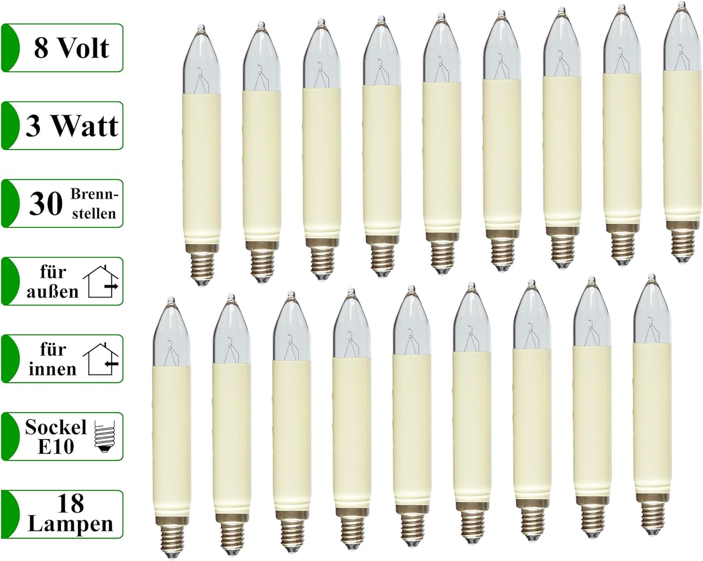 Ersatz-Schaftkerzen für Schwibbogen, 18 Stück, 18 Lampen 8 Volt