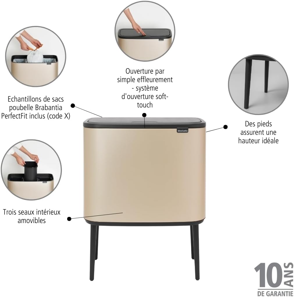 Bo Touch - Recycling Mülleimer mit 3 Fächern (3 x 11L), 3 Inneneimer (3 x 11L) Champagne