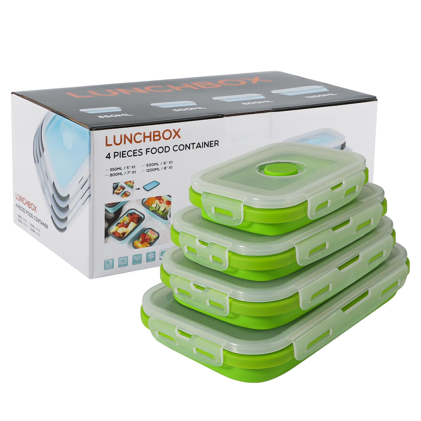 Faltbares Food Container-Set, 4-teilig mit Deckel, Hellgrün