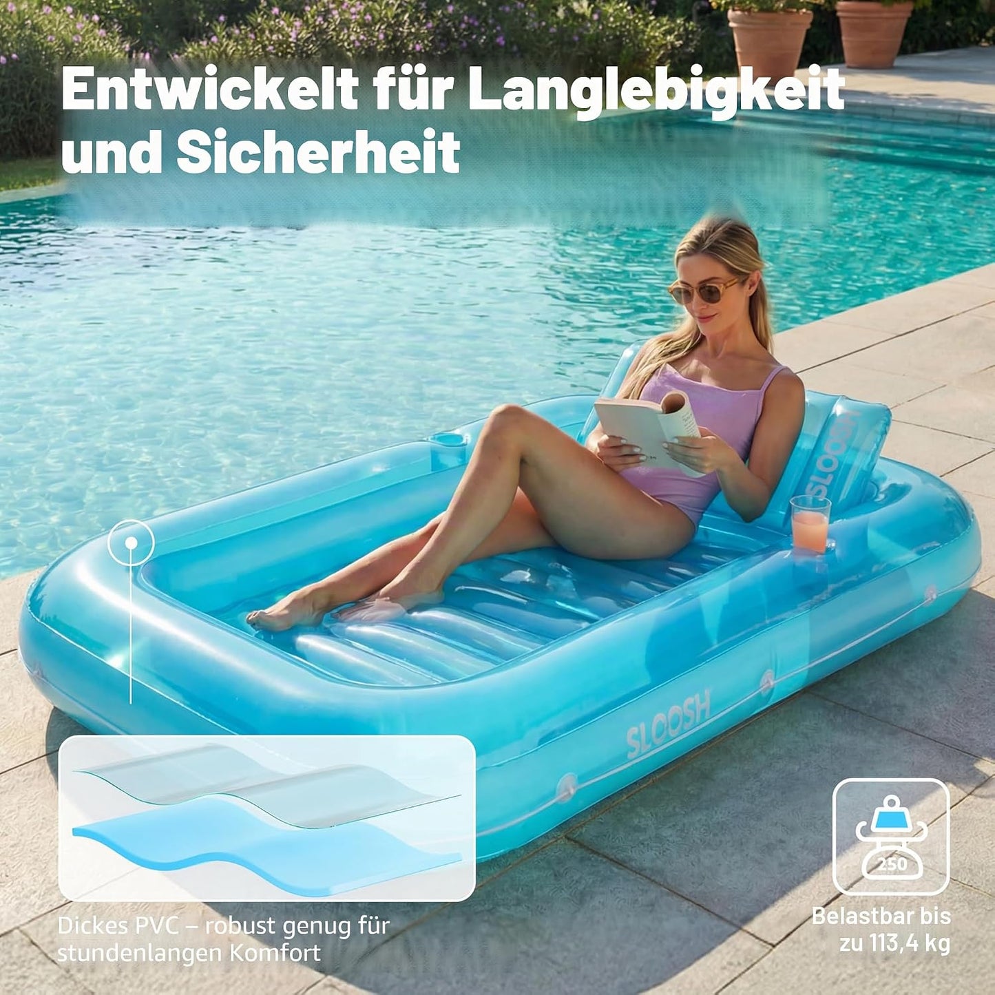 Aufblasbarer Sonnenpool mit abnehmbarem Kissen und Getränkehalter, Blau L