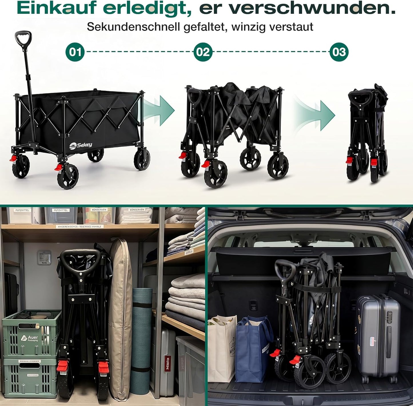 Faltbarer Bollerwagen mit Geländereifen, Schwarz 135L