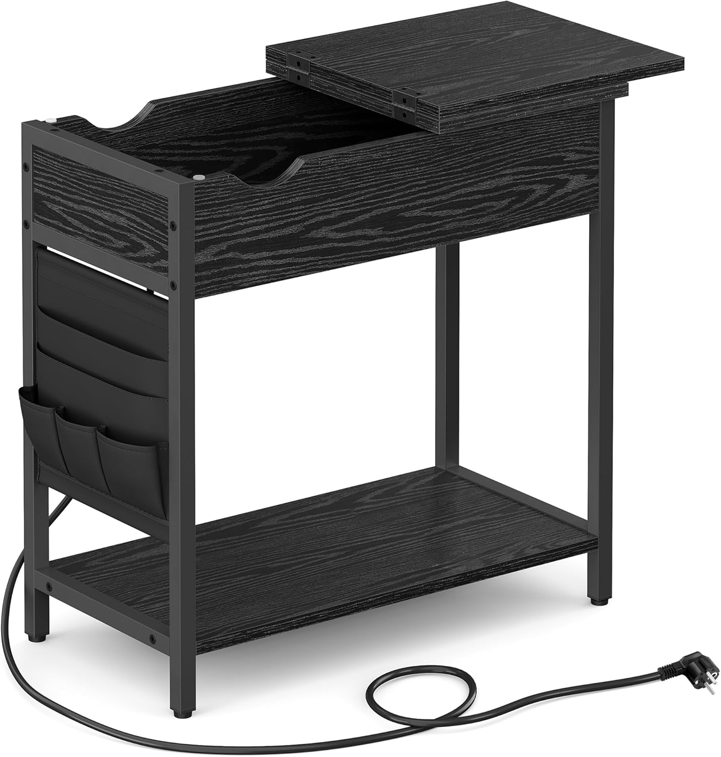Beistelltisch mit Steckdose und USB-Anschlüssen, 1 Schwarz + Holzmaserung