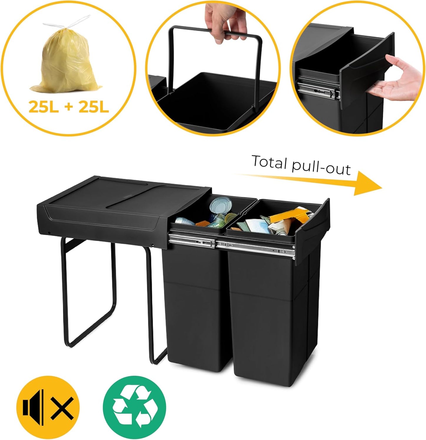 Recyclingbehälter zur Bodenmontage, Schwarz 2X25 L Küchenabfallbehälter (Bodenbefestigung)