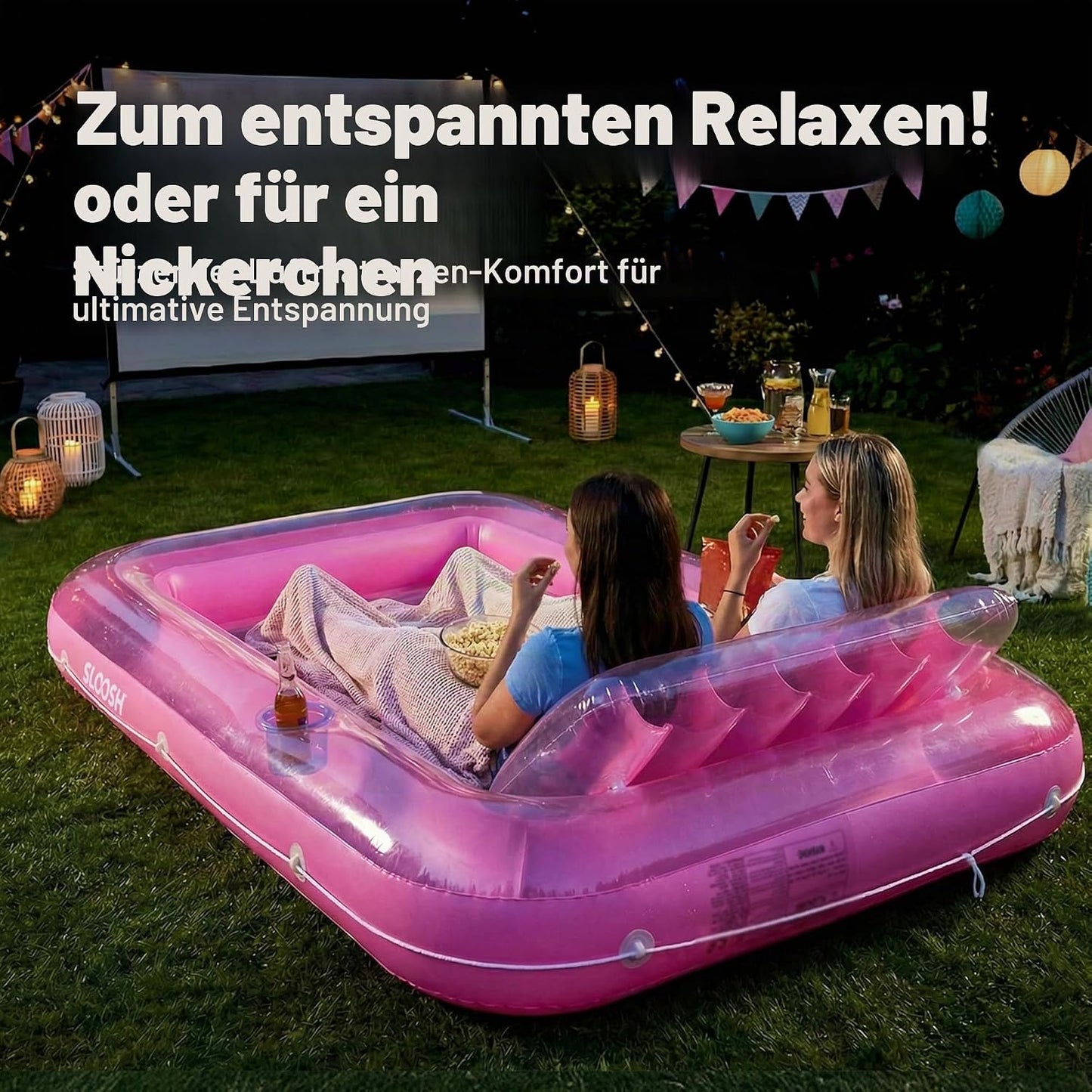 Aufblasbarer Sonnenpool mit abnehmbarem Kissen und Getränkehalter, Rosa XL