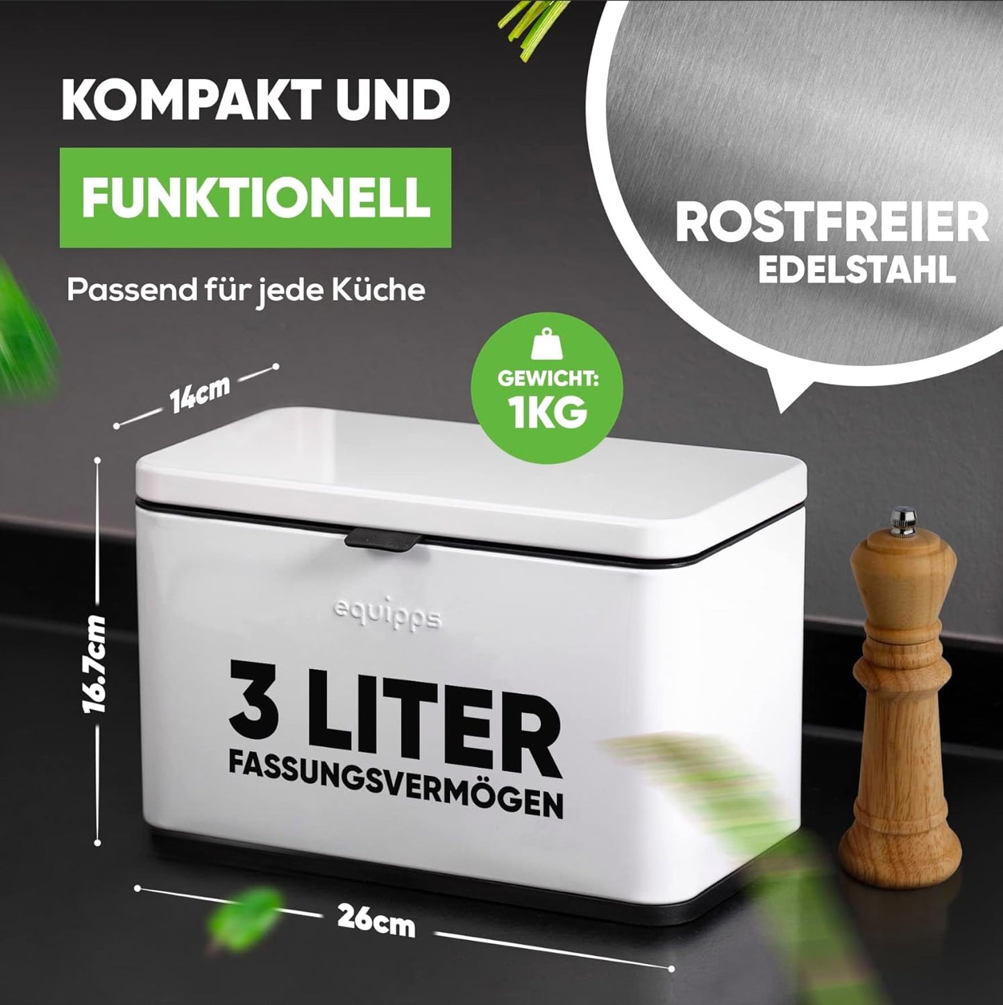 Komposteimer mit Geruchsfilter, Weiß matt 3l
