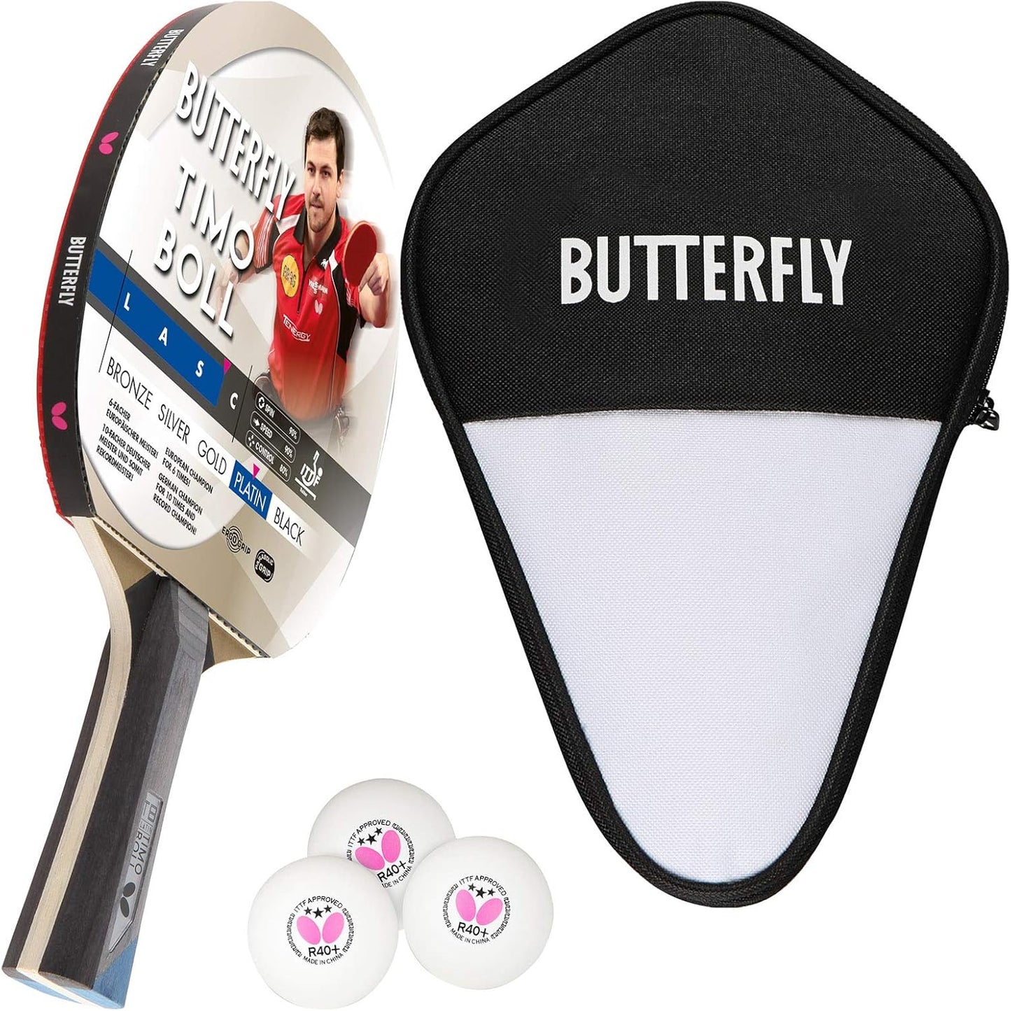Timo Boll Platin Tischtennisschläger, Bundle mit Case CC1 und 3 Bälle