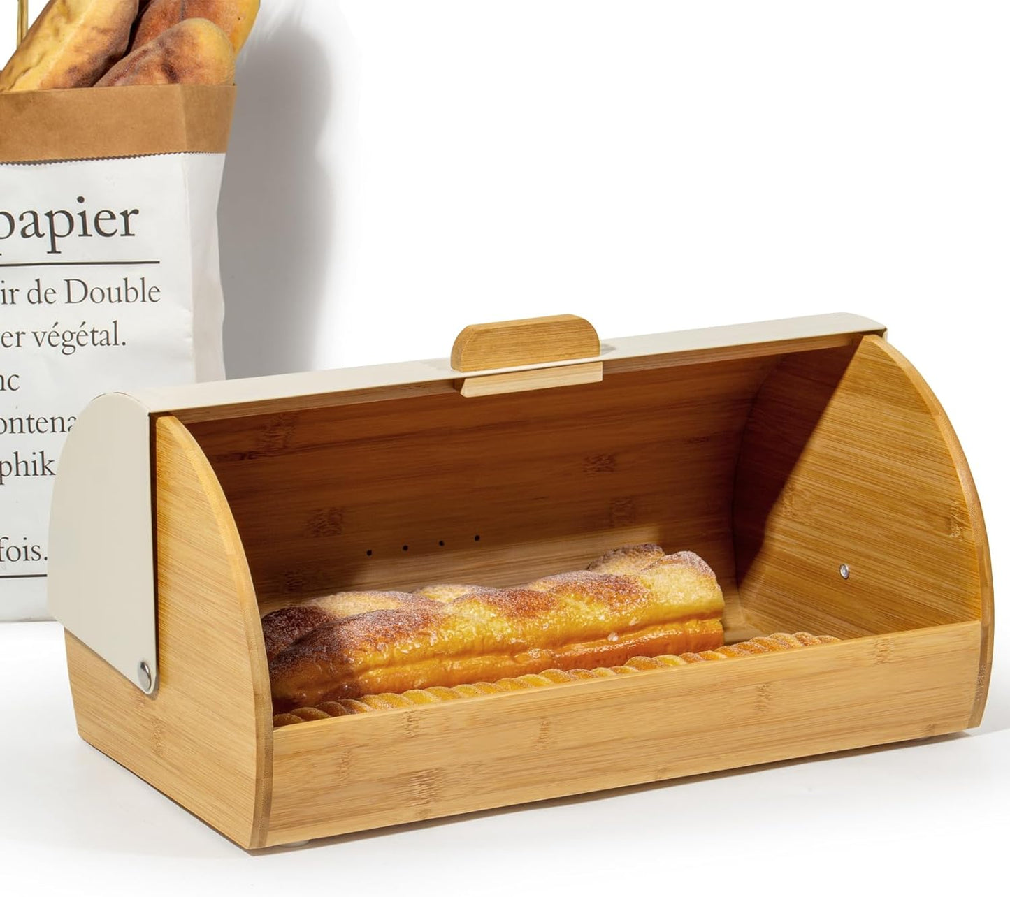 Brotkasten mit Deckel und Brotbeutel, Beige-39cm