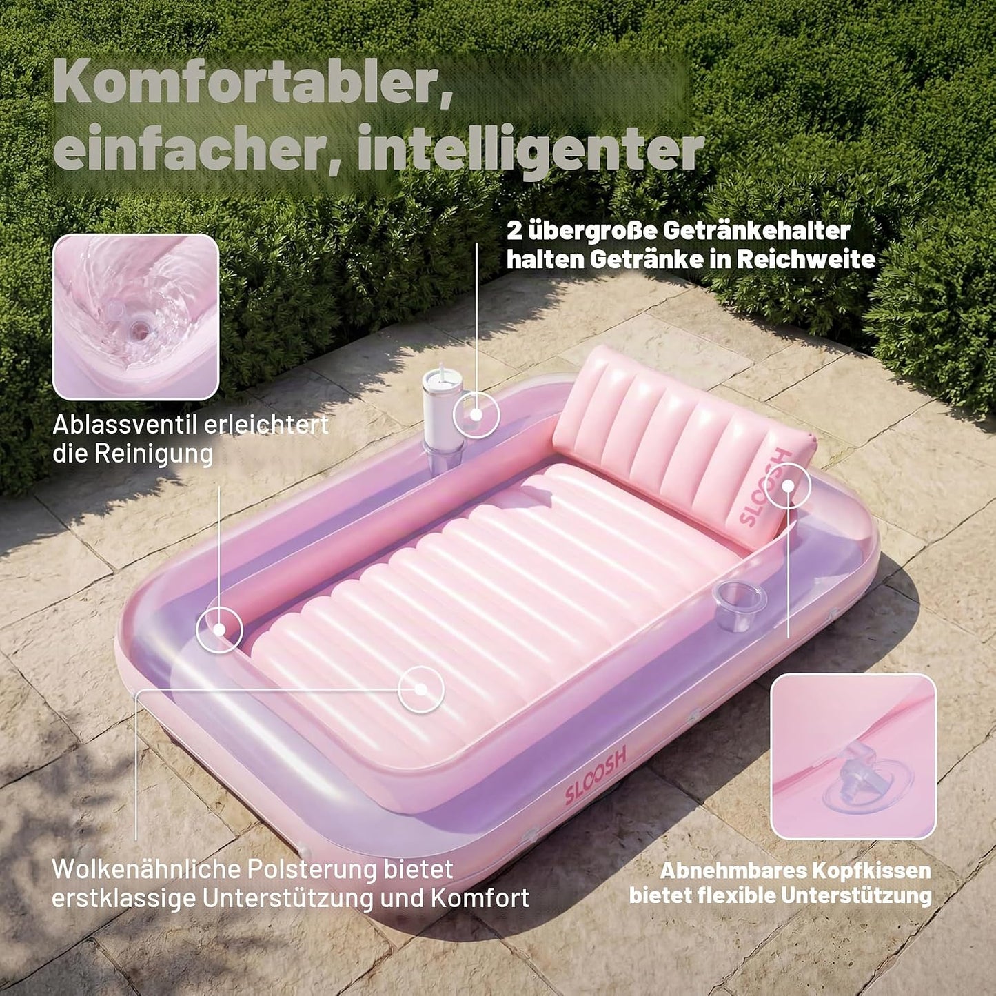 Aufblasbarer Sonnenpool mit abnehmbarem Kissen und Getränkehalter, Lila-Pink L