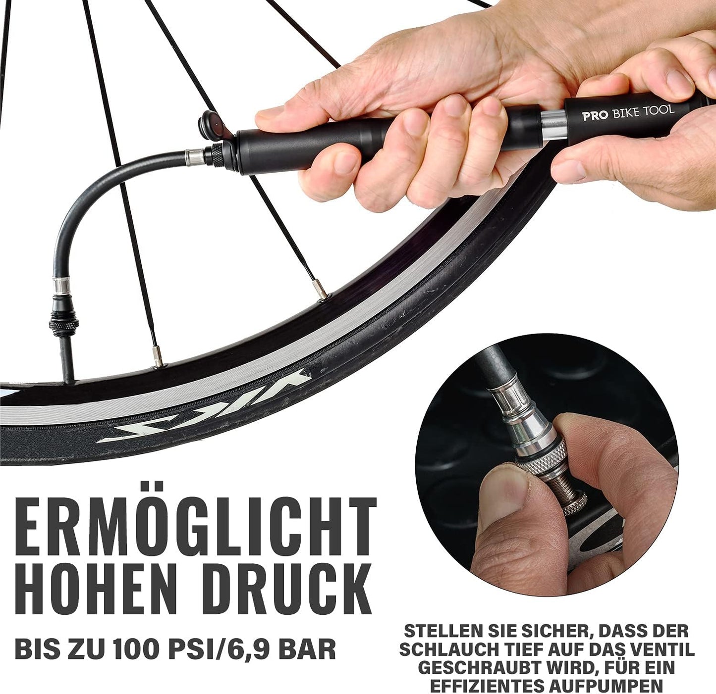 Mini-Fahrradpumpe für Presta- und Schrader-Ventile, Matt Schwarz