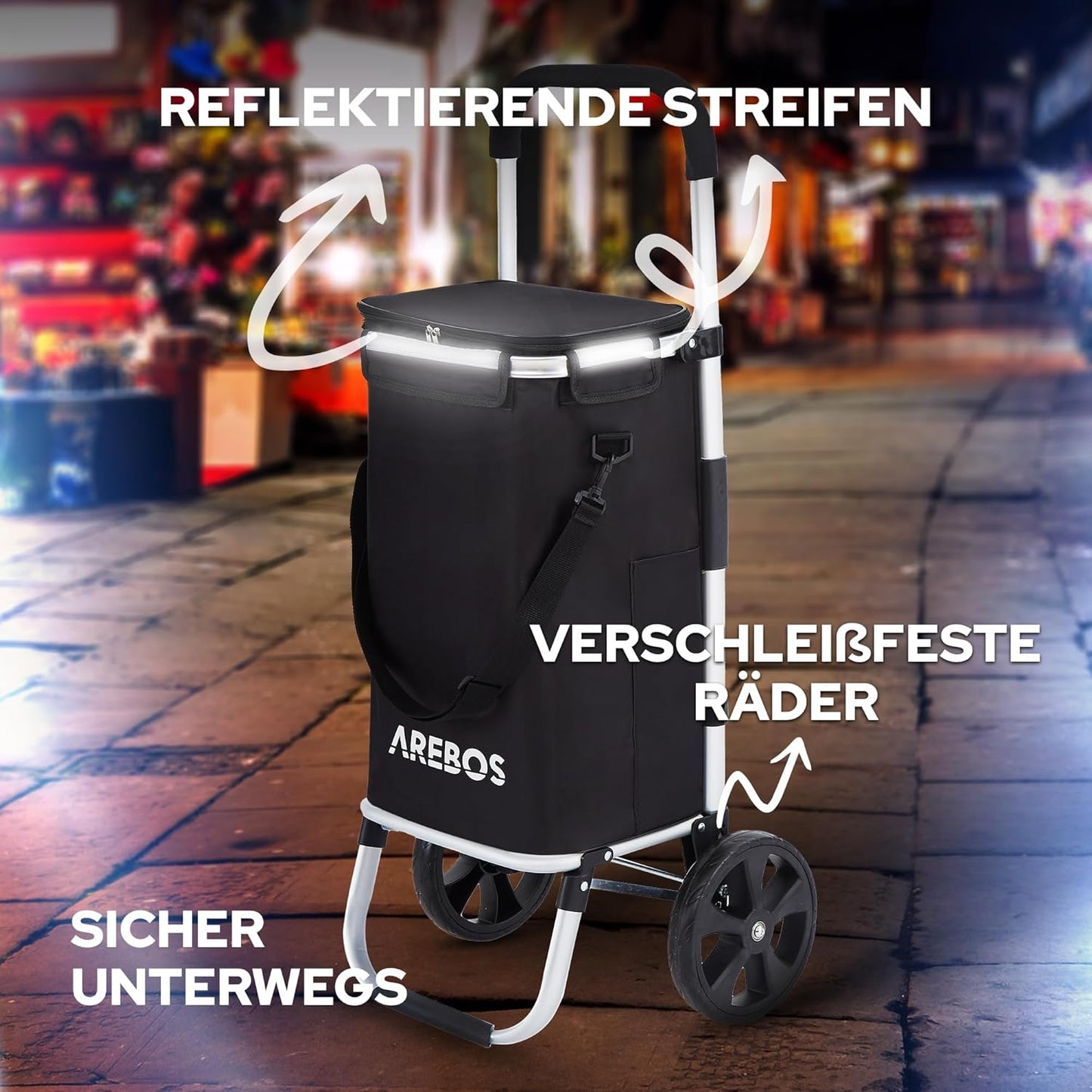 3in1 Einkaufstrolley mit Kühlfach und Rollen, Schwarz