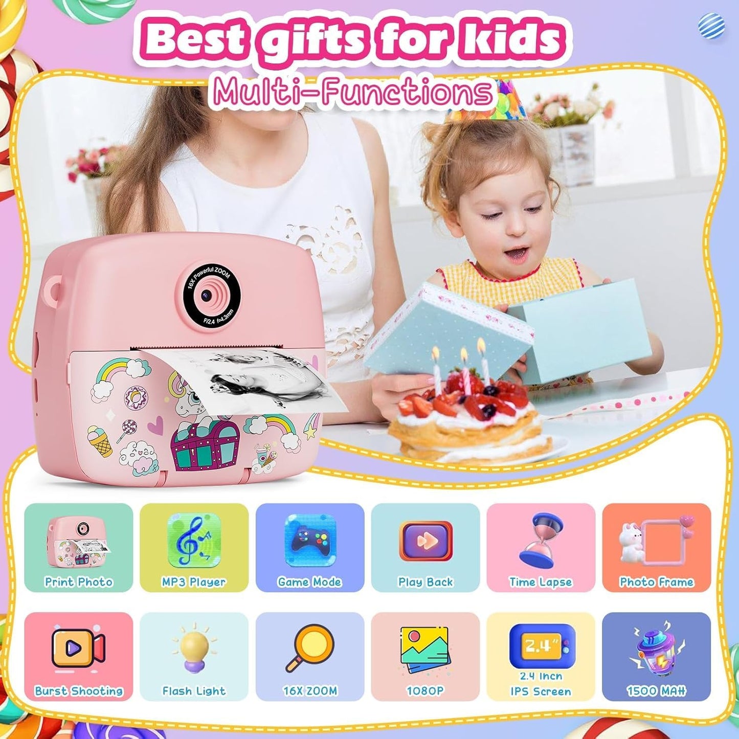 Kinder-Sofortbildkamera mit Fotodruck, Rosa
