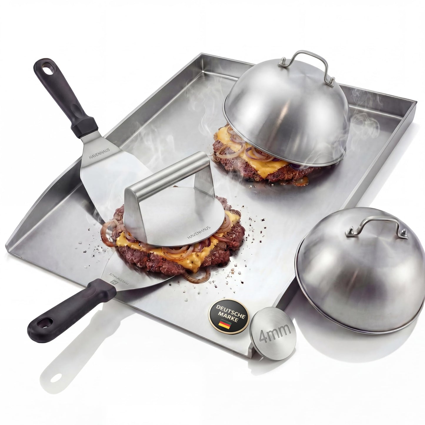 Grillplatte mit Smash Burger Zubehör-Set, Grillplatte 4mm + Smash Burger Set XXL