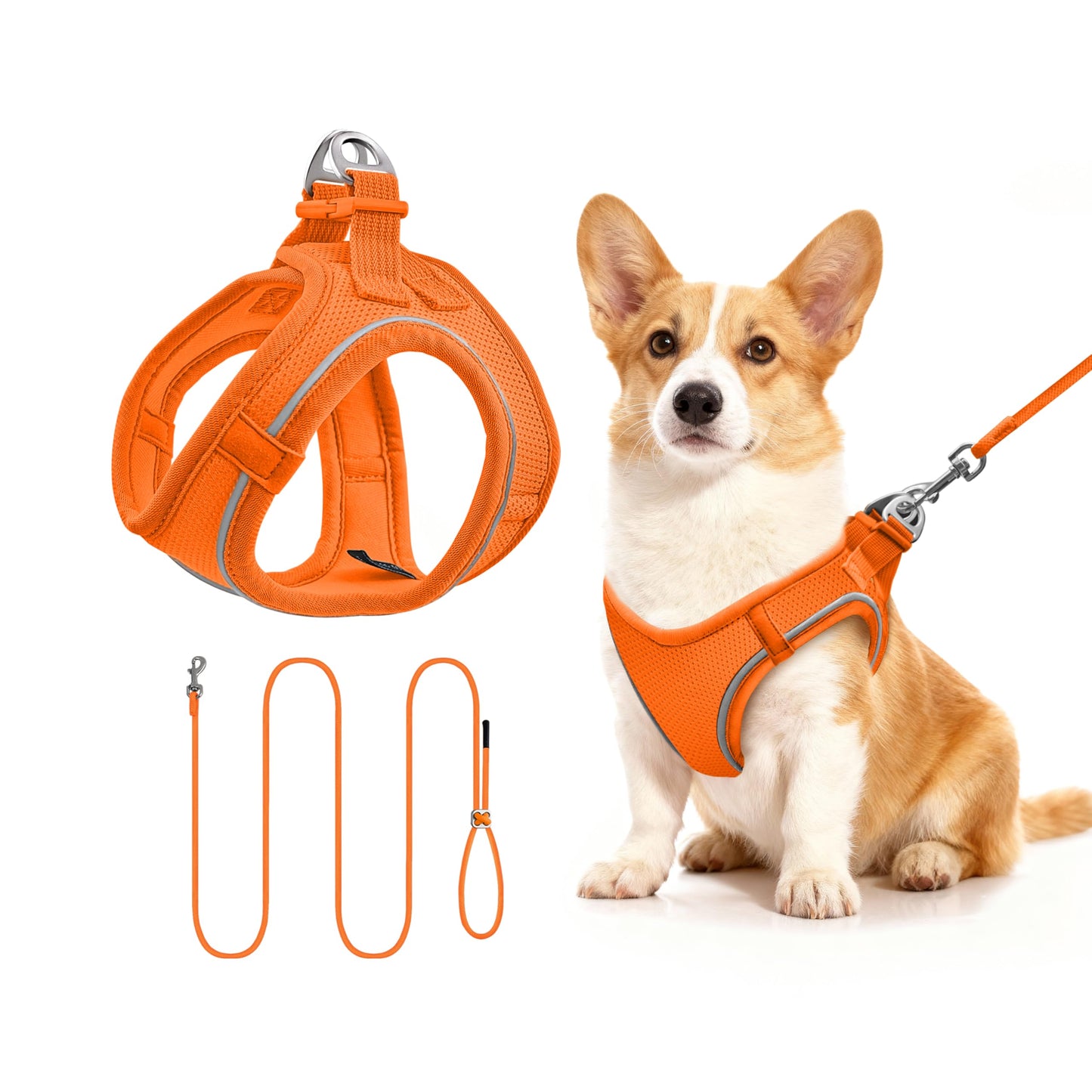 Reflektierendes Hunde- und Katzengeschirr-Set, Orange M（Halsu: 30-39cm, Brustu: 42-51cm）