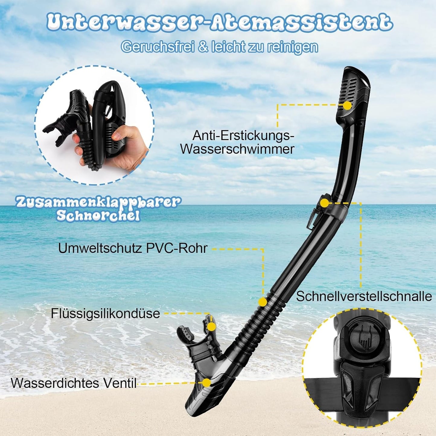 Schnorchelset mit Taucherbrille und Trockenschnorchel, Schwarz