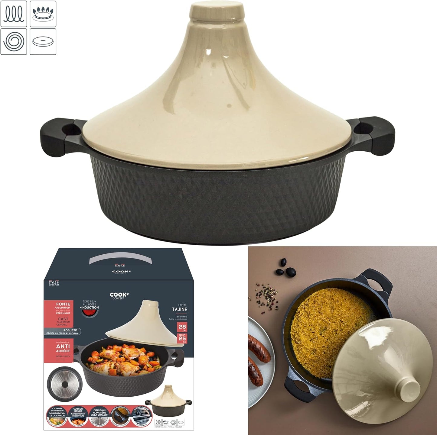 Tajine für alle Herdarten, Schwarz/Beige