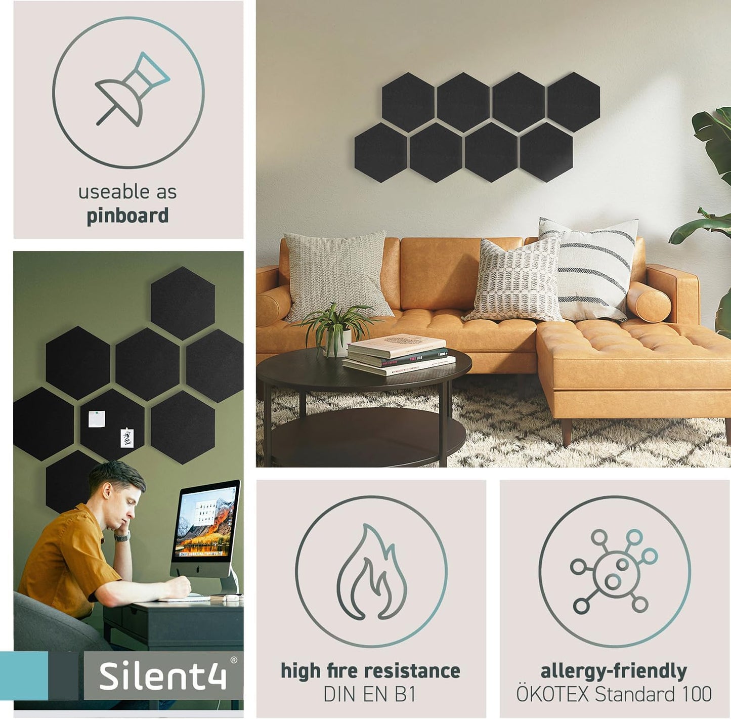 8-teiliges Wand-Set mit Hexagon-Design aus Akustikvlies, Hexagon8 (0,35m²) 01_Schwarz_Hexagon