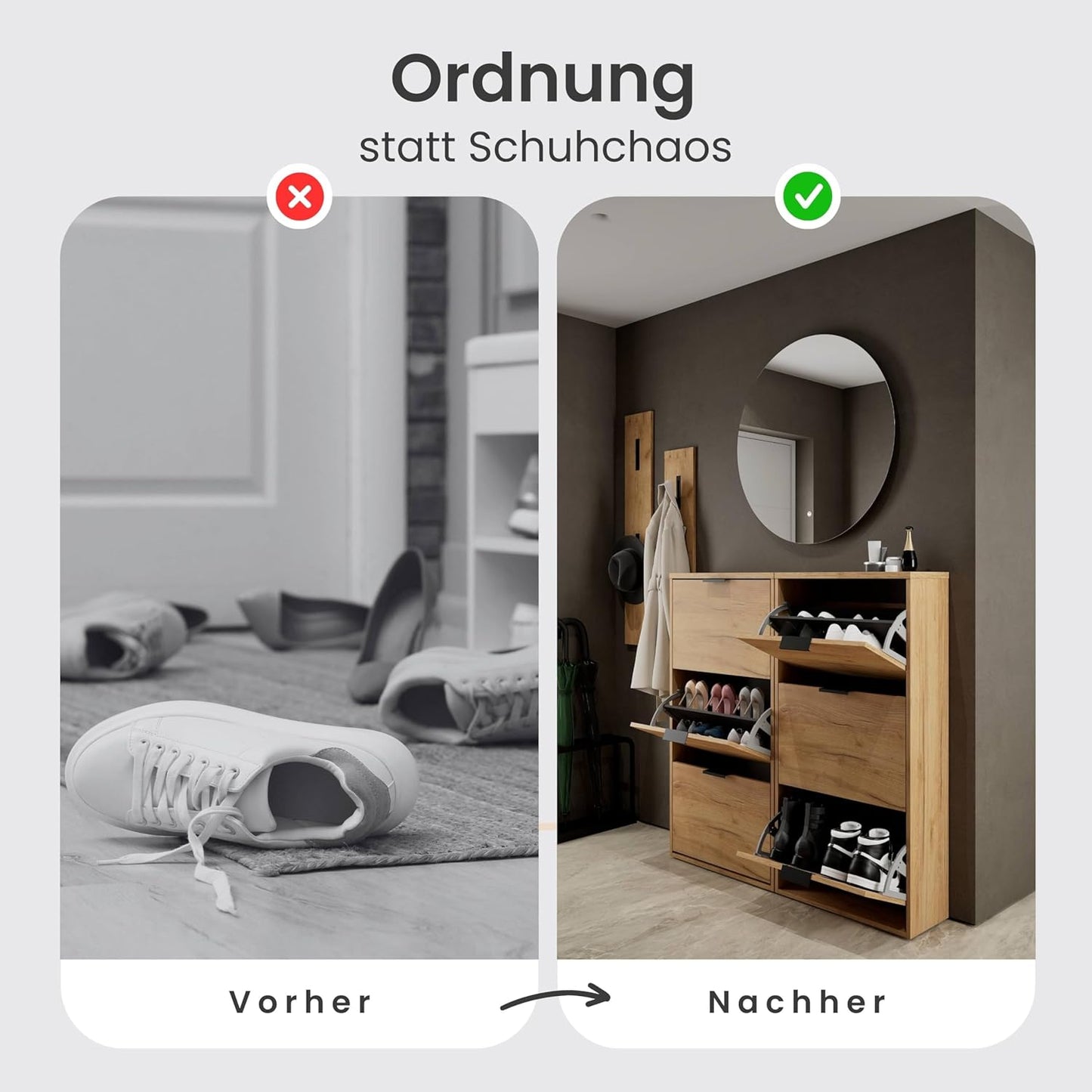 Schuhschrank-Set mit 3 Klappen (2 Stück), 2x 3 Klappen Gold Eiche