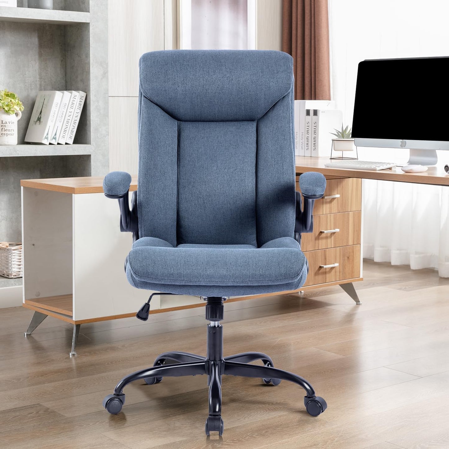 Ergonomischer Bürostuhl mit klappbarer Armlehne, Blau Stoff